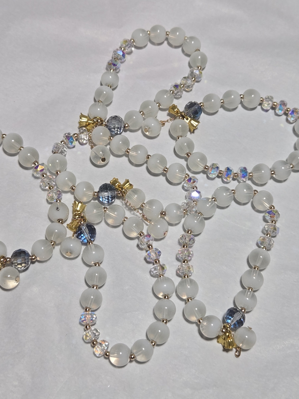 10mm- Chic White Beaded Bracelet with Blue Accent and Gold Details- For 1
